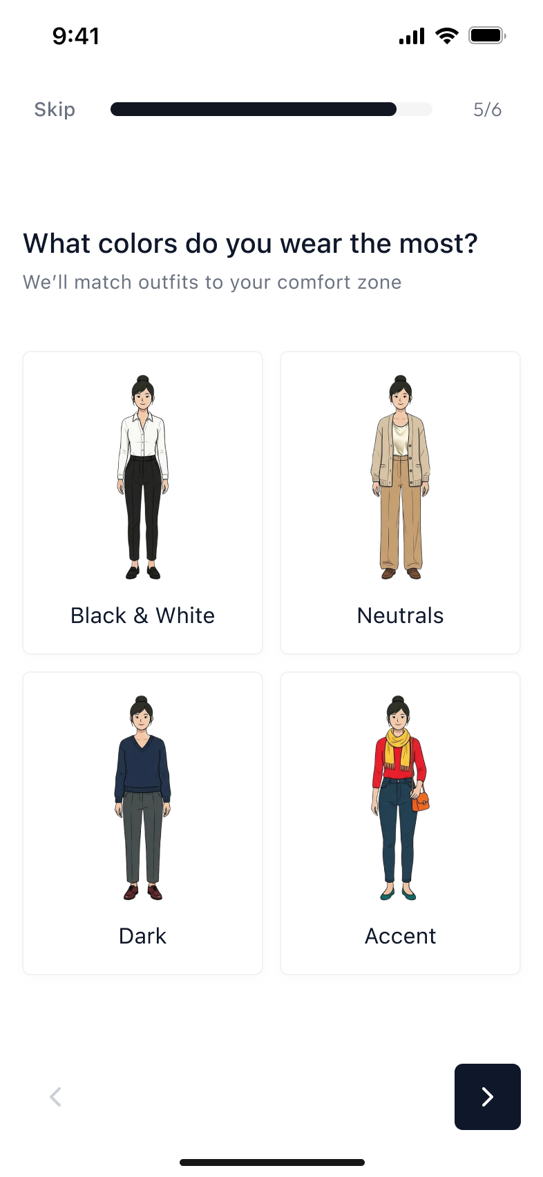 Talla onboarding step 5/6 — What colors do you wear the most?
